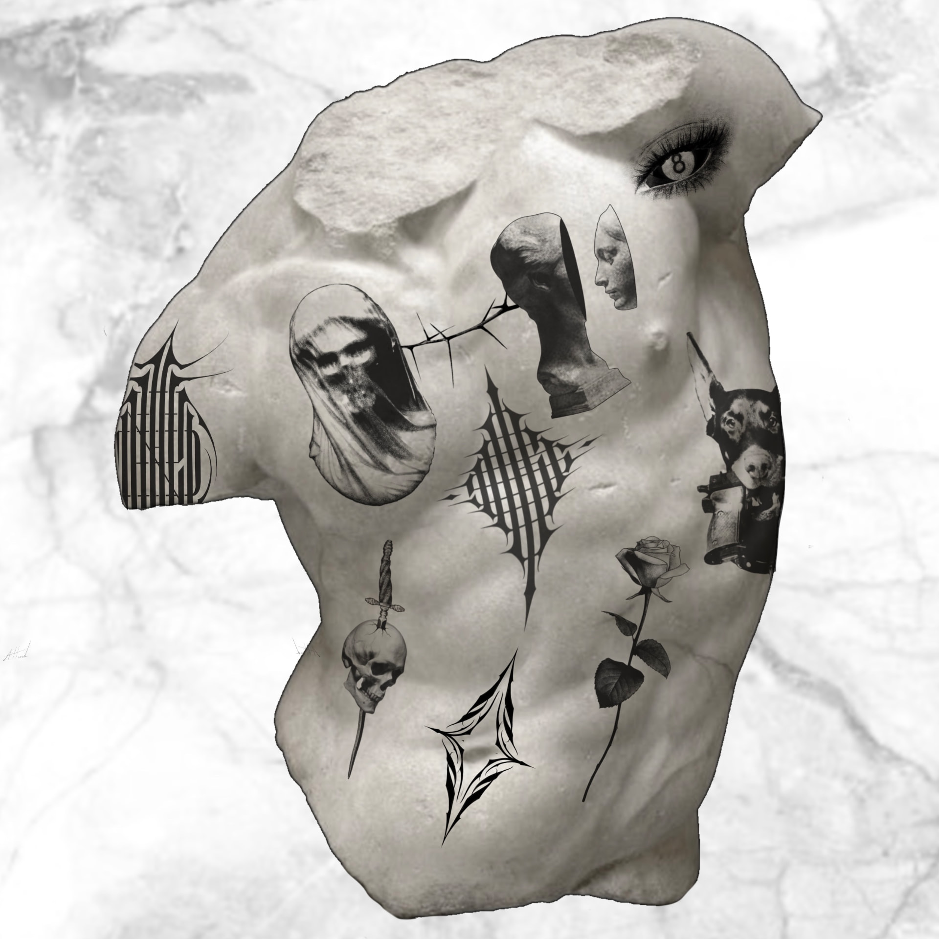 Conceptual torso design with a veiled skull, a rose, a skull pierced by a sword, a doberman and an eye, drawn on a stone bust.