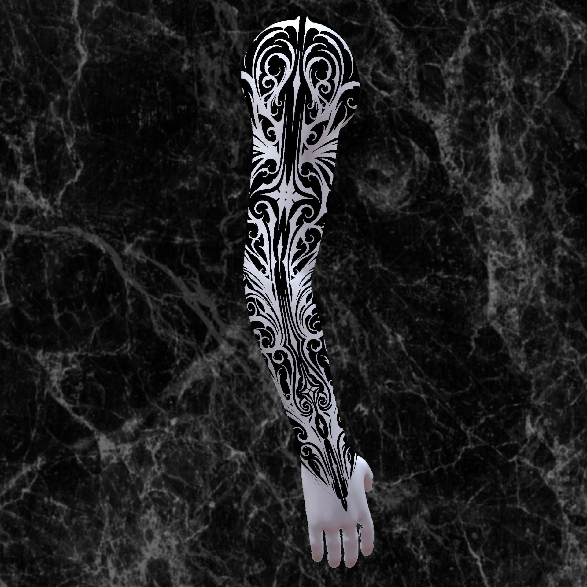 Conceptual full-sleeve design of dense ornamental scrollwork in solid black, drawn on a raised arm.