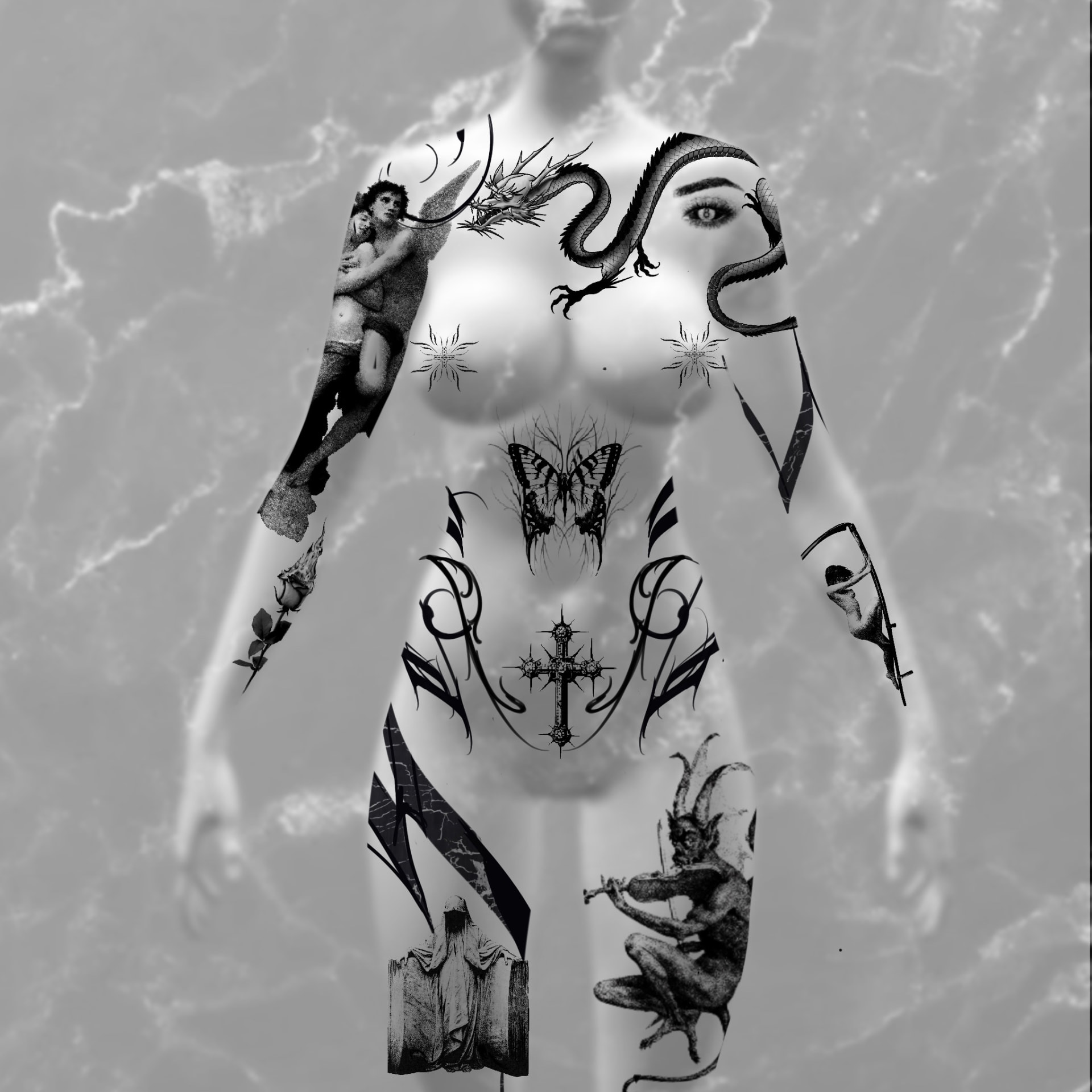 Conceptual full-body design with a dragon across the chest, a cherub on the upper arm, a butterfly, a cross and a devil drawn on a figure.