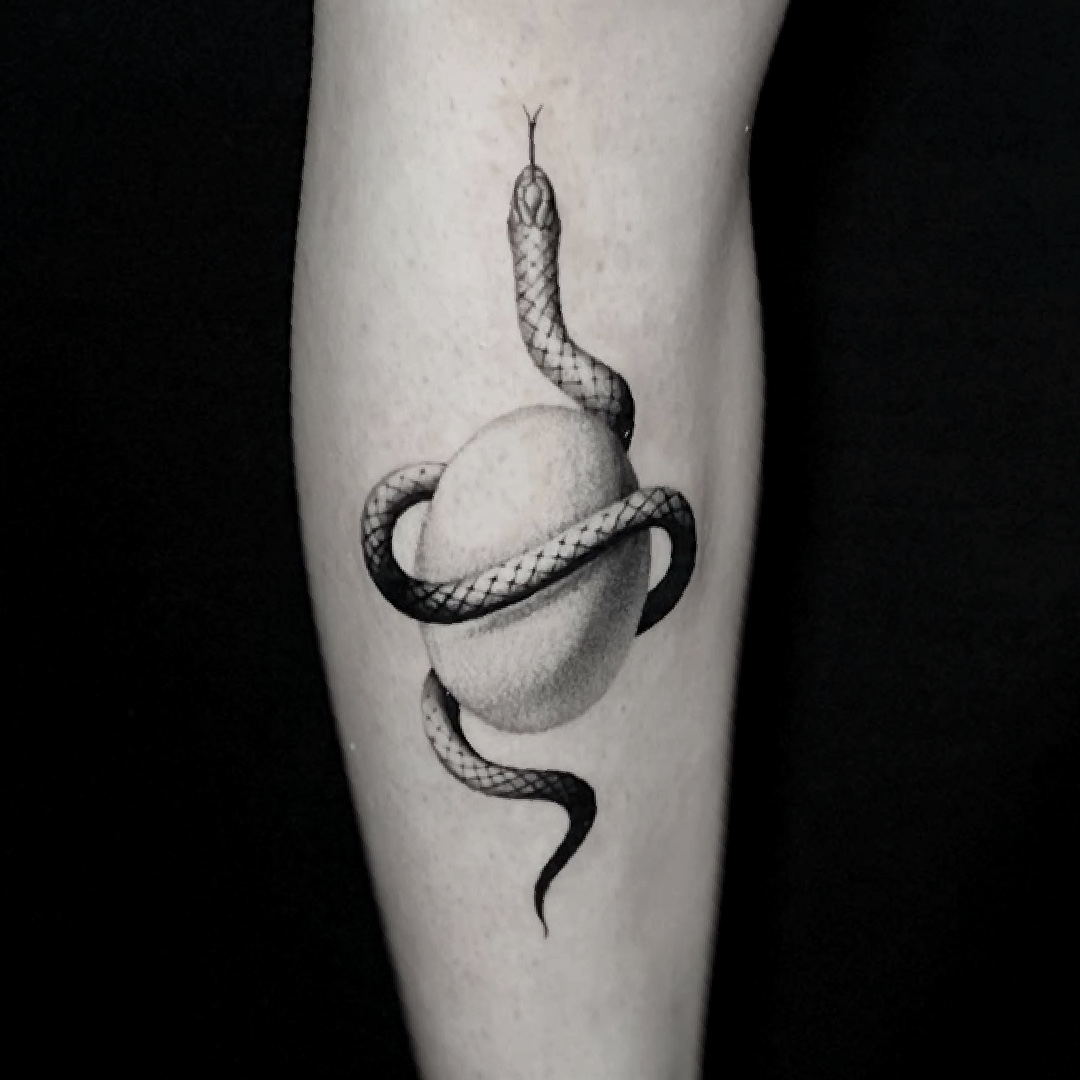 Black and grey tattoo of a snake coiled around an egg on the forearm.