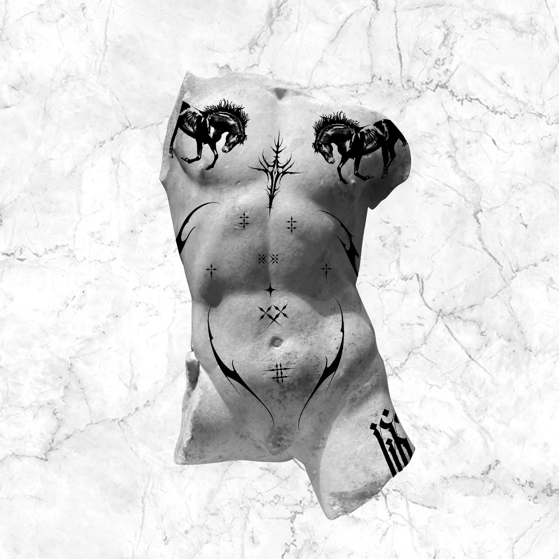 Conceptual torso design with two mirrored horses on the chest and fine blackwork linework across the abdomen, drawn on a stone torso.