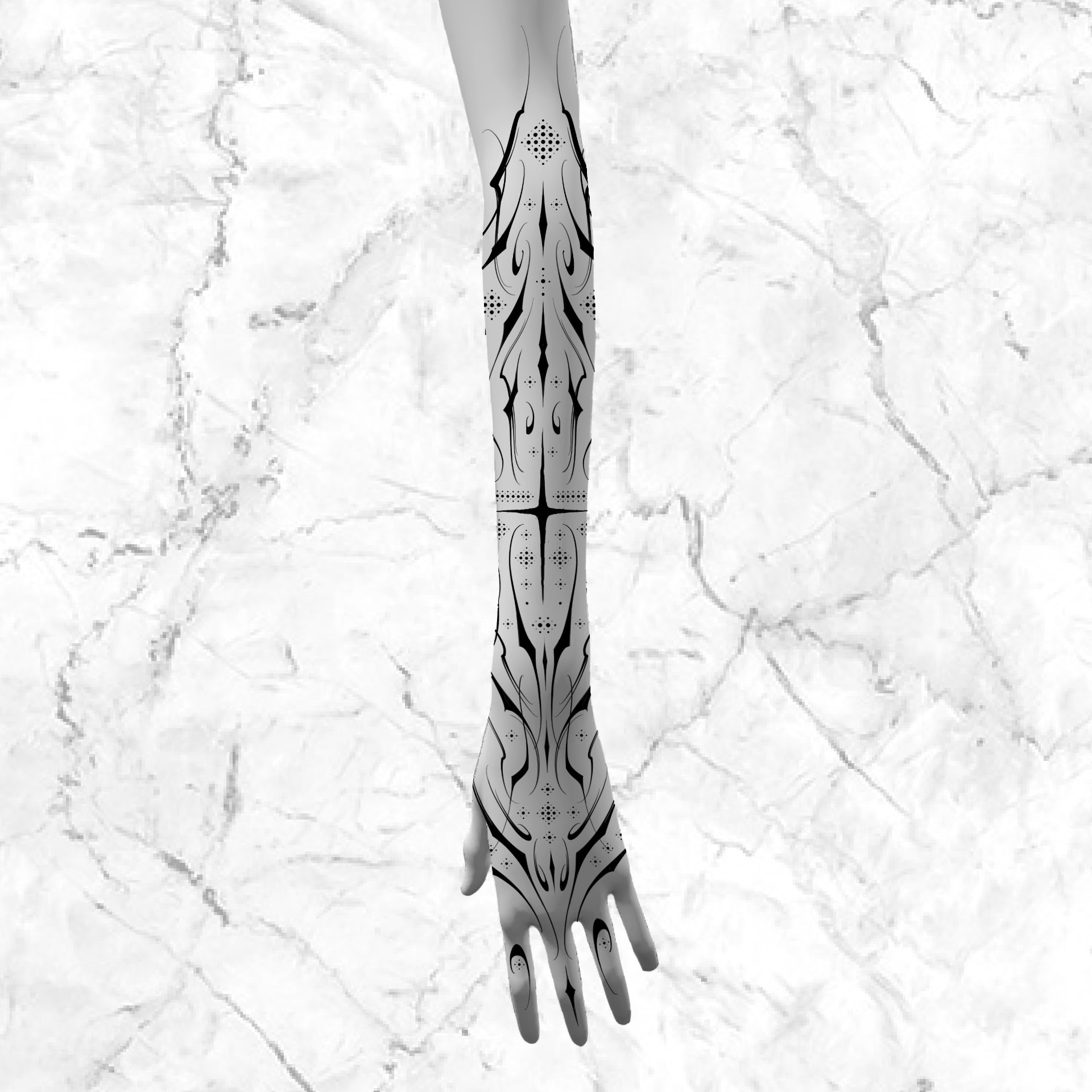 Conceptual forearm-to-hand design of symmetrical blackwork ornament with dotted details, drawn down an extended arm.